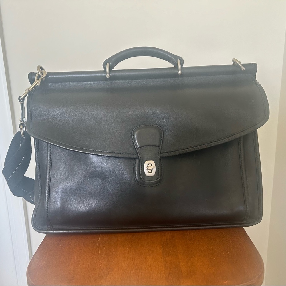 Coach Dark Leather Laptop Bag with Buckle